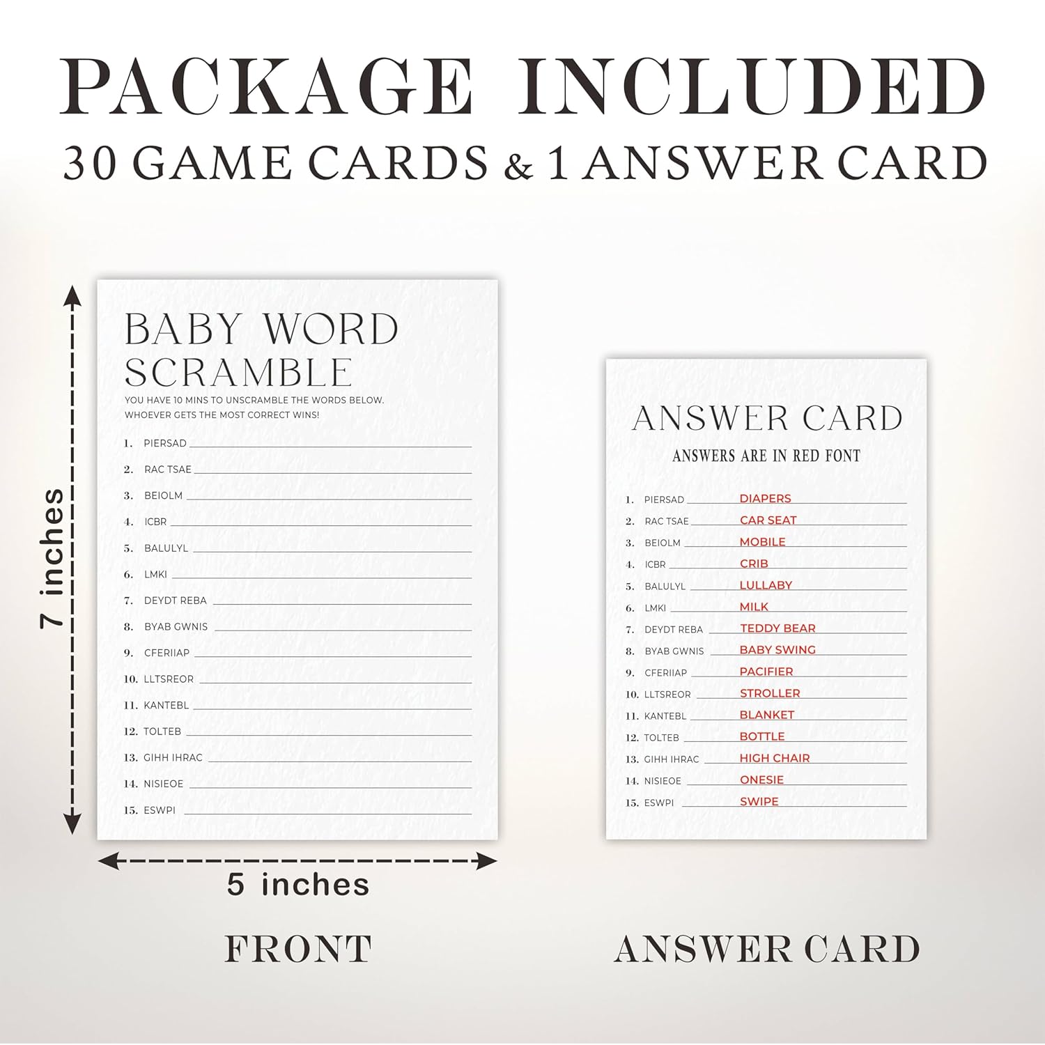 Baby Word Scramble Game Kits For Baby Shower - Minimalism Pearl White - 30 Fill In The Blank Game Cards With 1 Answer Card Each Set, Gender Reveal, Gender Neutral Party Supplies - A07