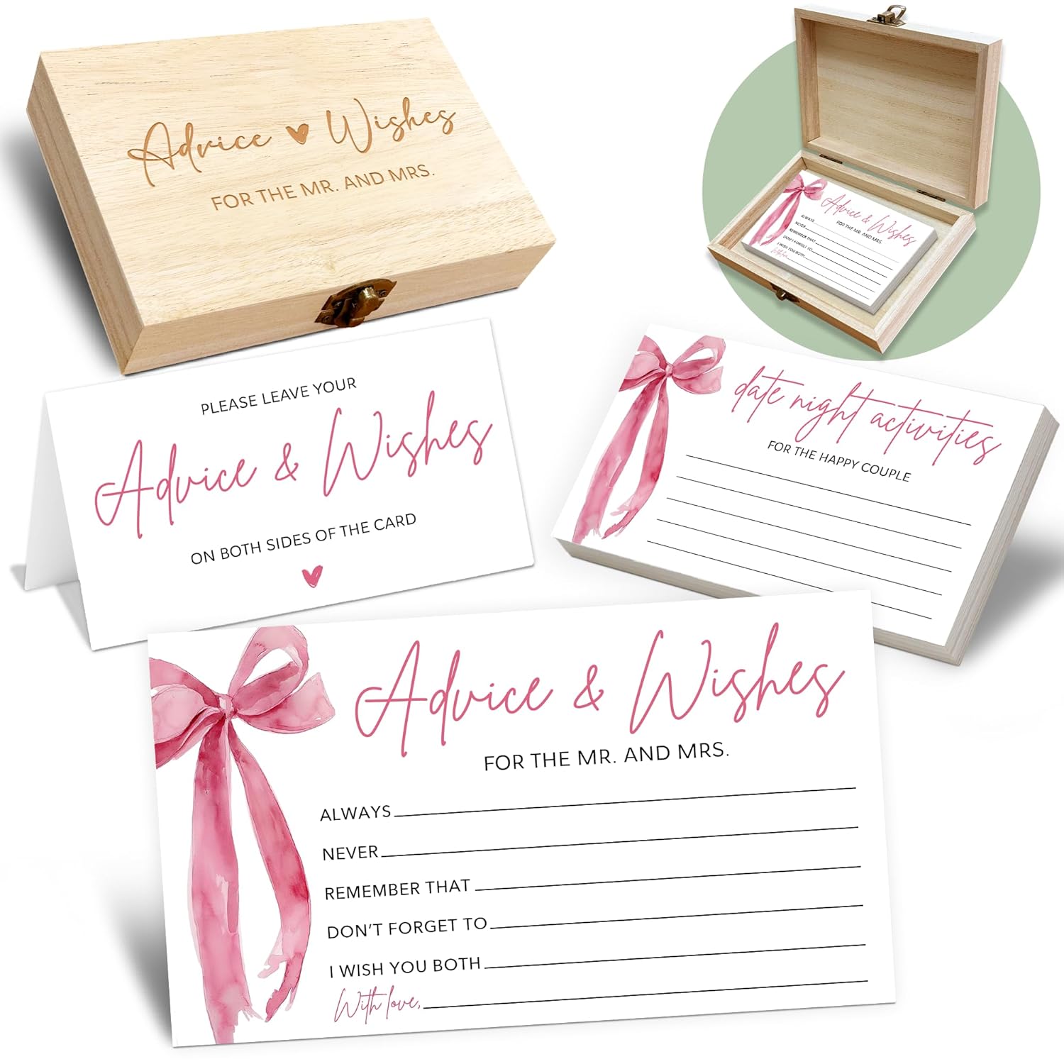 Pink Bow Advice And Wishes For The Mr And Mrs - 50 Packs Wedding Advice Cards Bridal Shower Game Cards With Box Reception Guest Book For Bride Groom Newlywed Engagement Party Decoration -A07