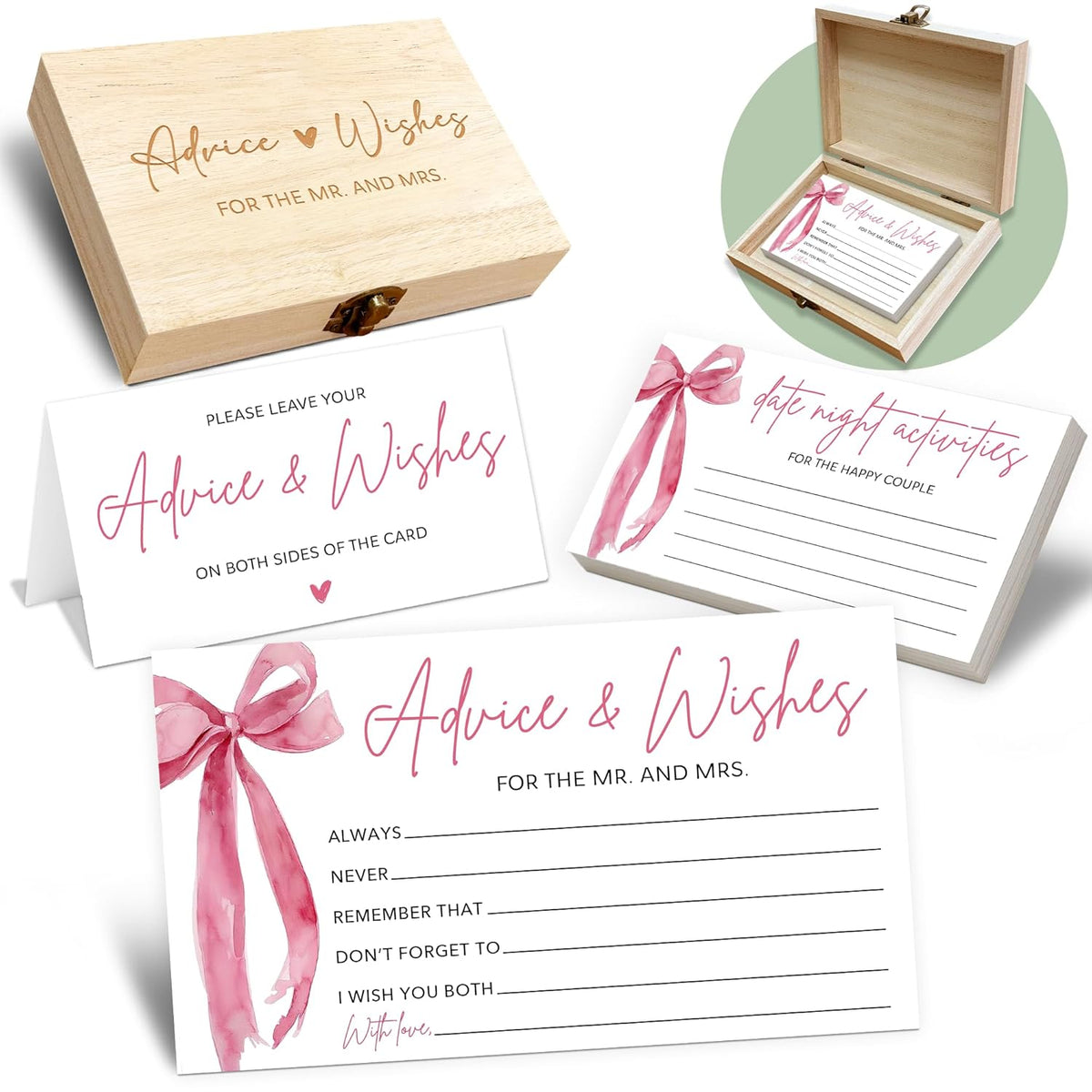 Pink Bow Advice And Wishes For The Mr And Mrs - 50 Packs Wedding Advice Cards Bridal Shower Game Cards With Box Reception Guest Book For Bride Groom Newlywed Engagement Party Decoration -A07