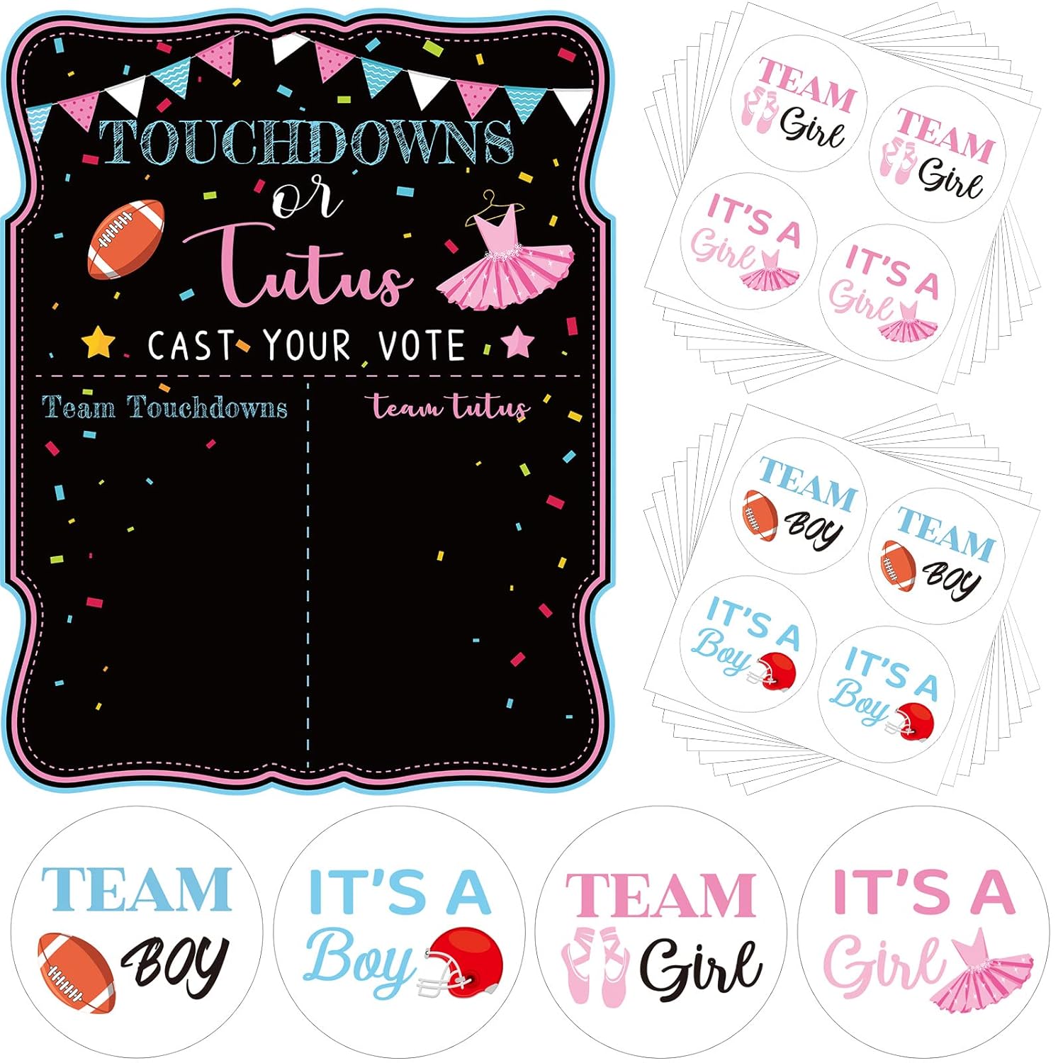 Touchdowns Or Tutus Gender Reveal Poster Sign Party Supplies Decorations Boy Or Girl With 72 Pcs Gender Reveal Stickers For Summer Baby Shower Gender Reveal Decorations (Touchdowns Or Tutus)