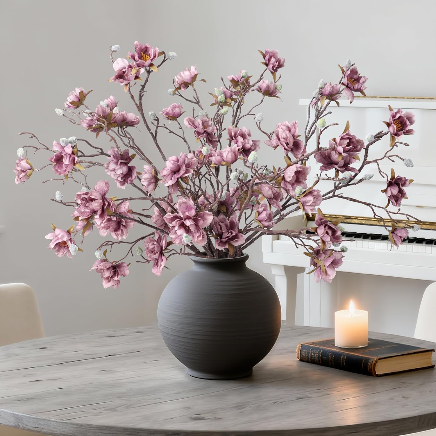 3Pcs Artificial Magnolia Flowers Stems For Spring Decoration, Faux Purple Magnolia Branches With Buds, 34.5" Long Stems Floral Arrangement For Vase Pot Table Centerpiece Indoor Decor