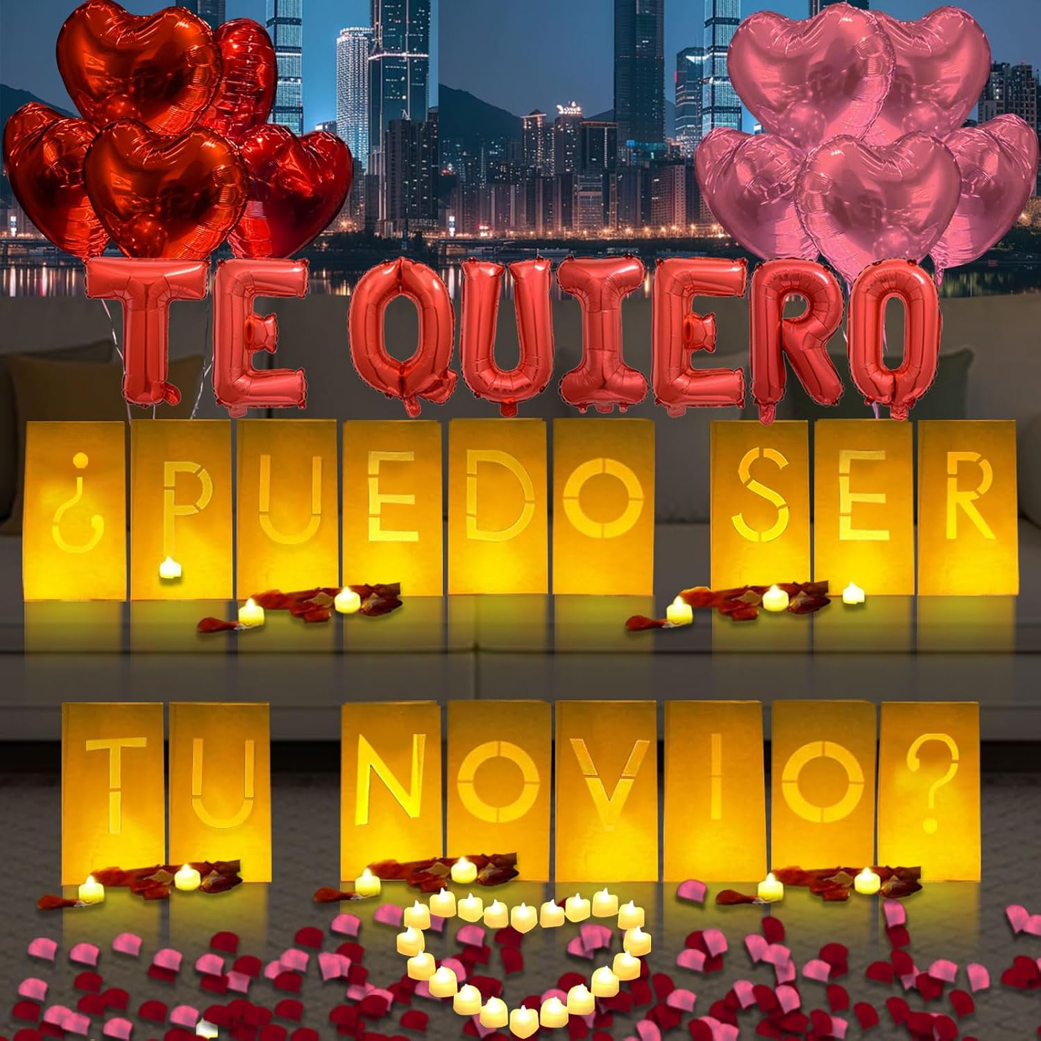 Puedo Ser Tu Novio Lighted Letters Sign 17Pcs Luminary Paper Bags 2200Pcs Red Pink Artificial Rose Petals 48Pcs Flameless Led Candle Tealight 15Pcs Heart Balloons Romantic Night Valentine'S Day