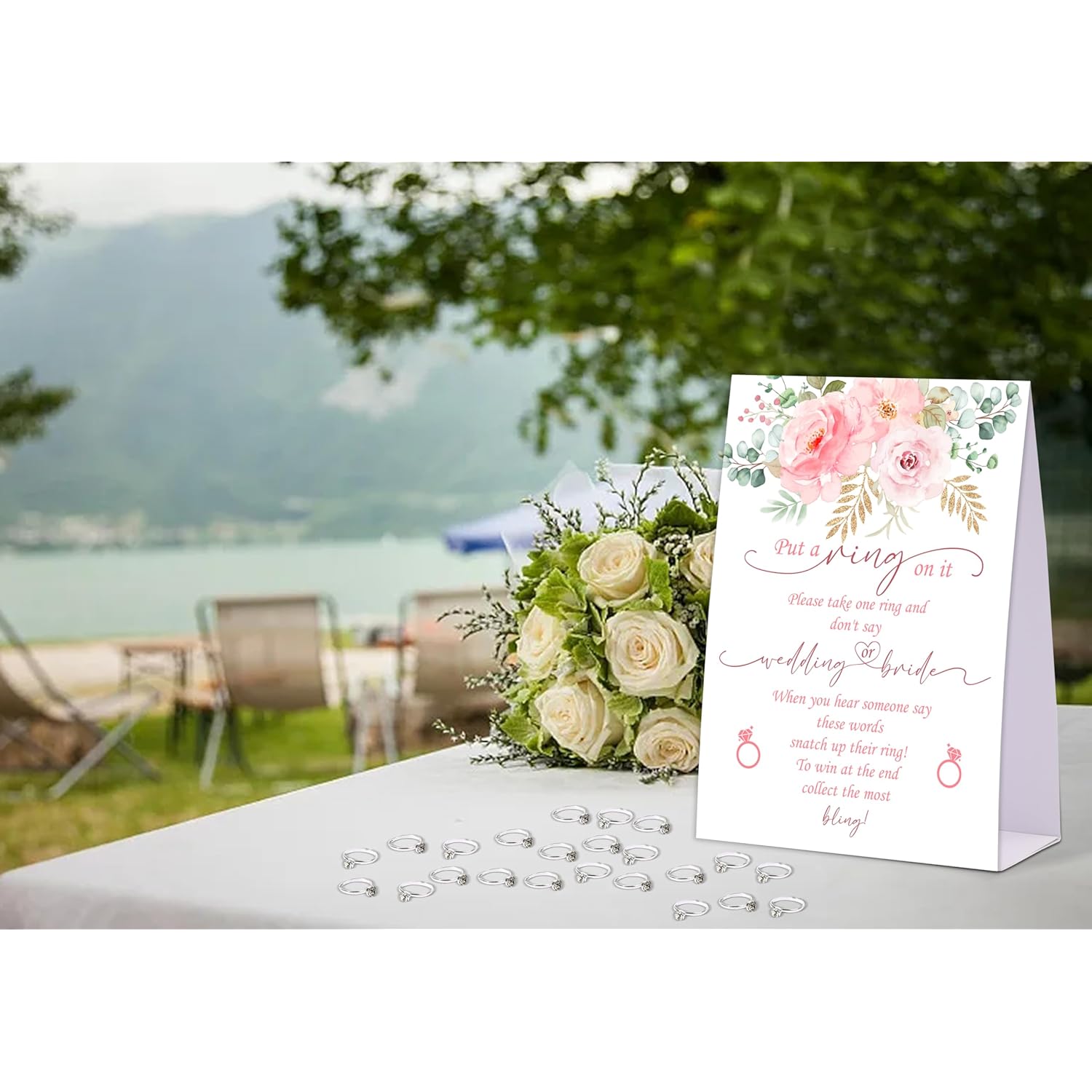 Blush Pink Floral Don'T Say Bride Or Wedding Game, Put A Ring On It Bridal Shower Game With 50 Fake Rings, Bridal Shower Decorations, Wedding Shower Or Bachelorette Party Supplies - 12