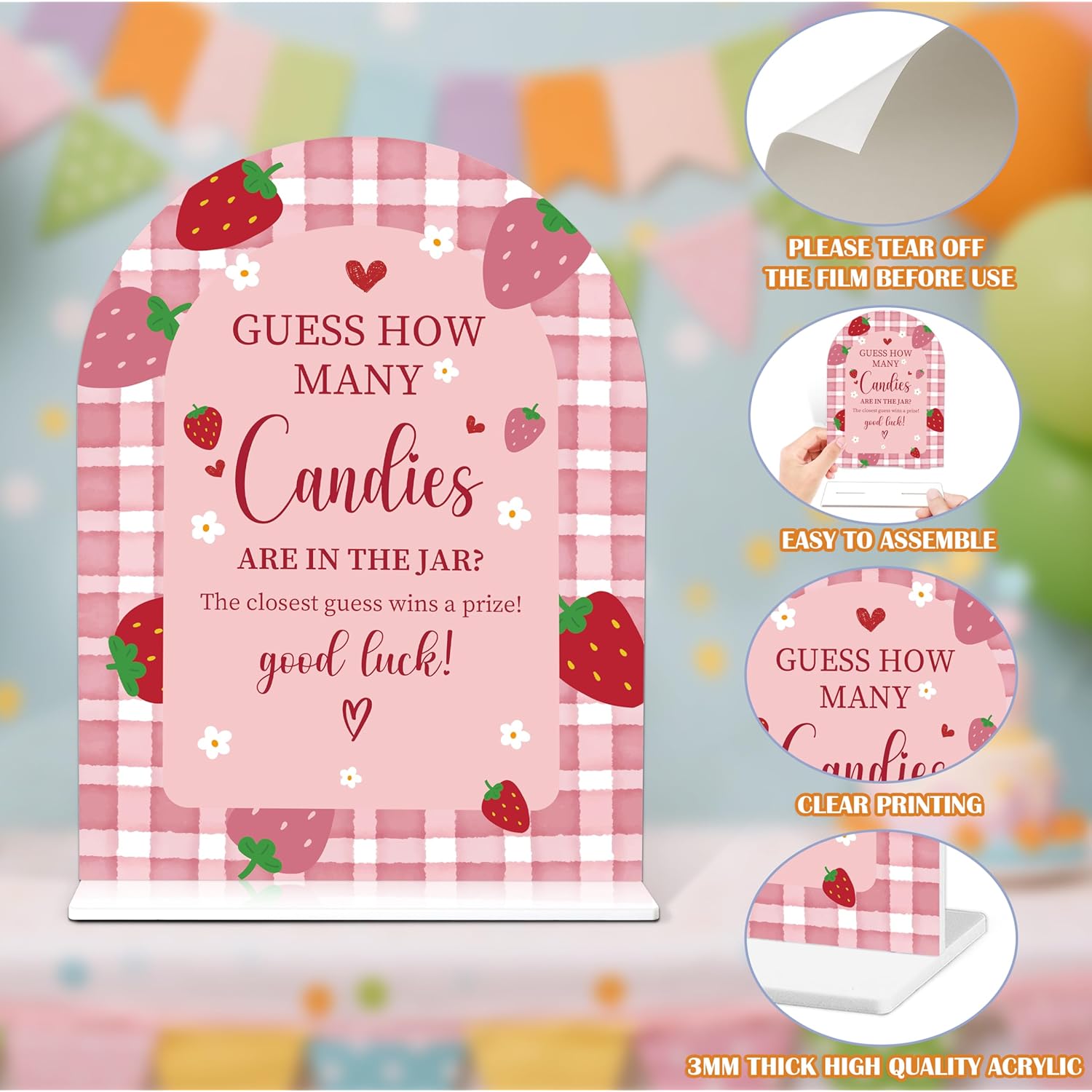 Baby Shower Games - Strawberry Guess How Many Candies Are In The Jar Game, 1 Arch Acrylic Sign And 50 Guessing Cards, Gender Reveal Game, Berry Baby Shower Decoration Supplies (Zf04)