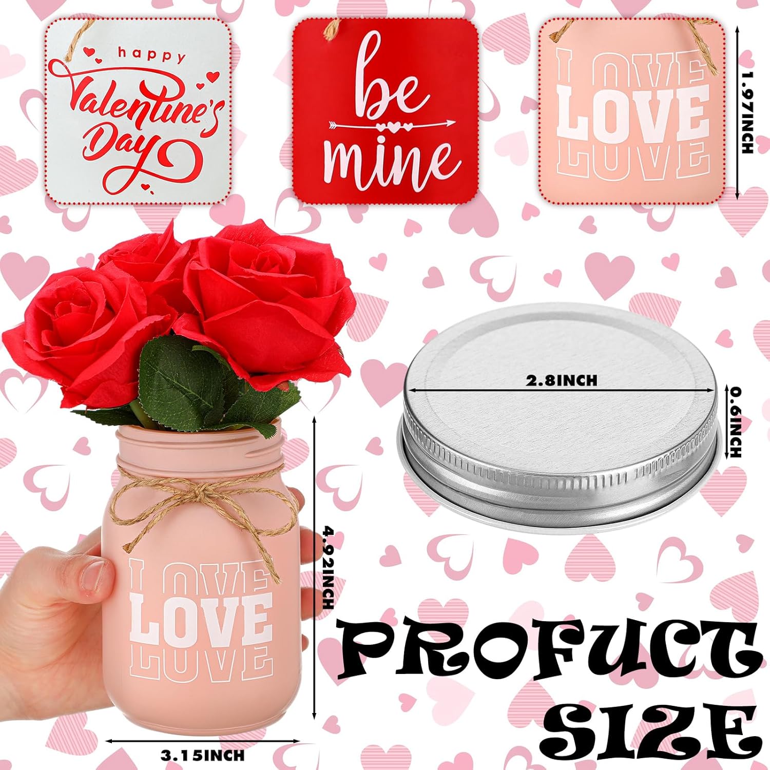 3 Set Valentines Centerpieces For Tables Valentines Day Table Decor Including 3 Pcs Decorative Mason Jars And 3 Pcs Bundle Red Roses For Home Office Bathroom Decor