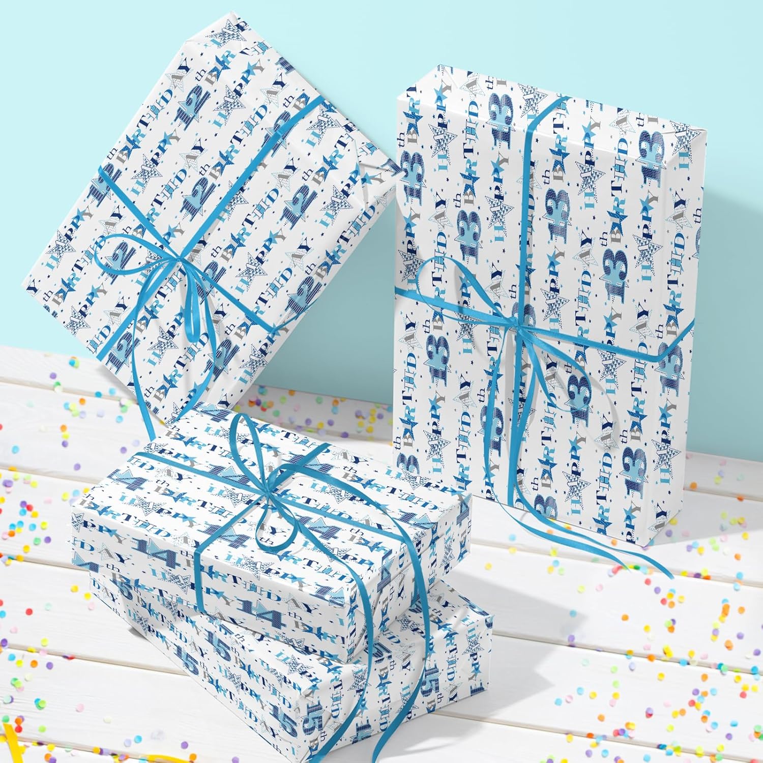 14Th Birthday Wrapping Paper Roll - Blue Happy 14Th Birthday With Heart Gift Wrap For For Age14 Teens, Kids, Boys - Mini Roll - 17 Inches X 16.4 Feet (23.2 Sq.Ft.)
