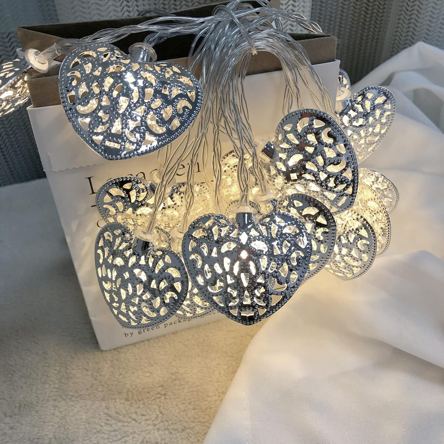 Hollow Heart Shape String Lights - Metal Geometric Led Fairy Lights Battery Powered For Indoor Decoration - Holiday, Chr