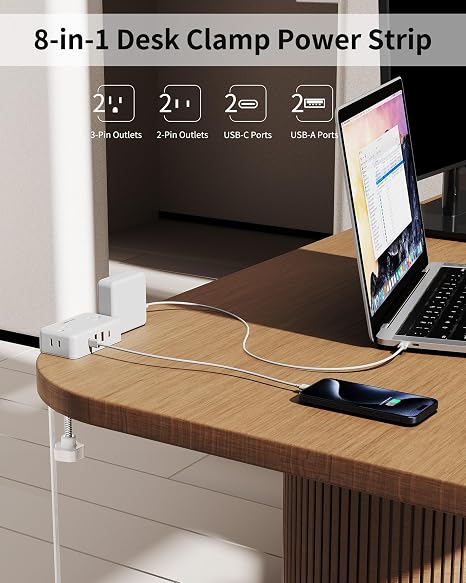 Desk Clamp Power Strip 5 Outlets 4 USB Ports 6FT Flat Plug Extension Cord White