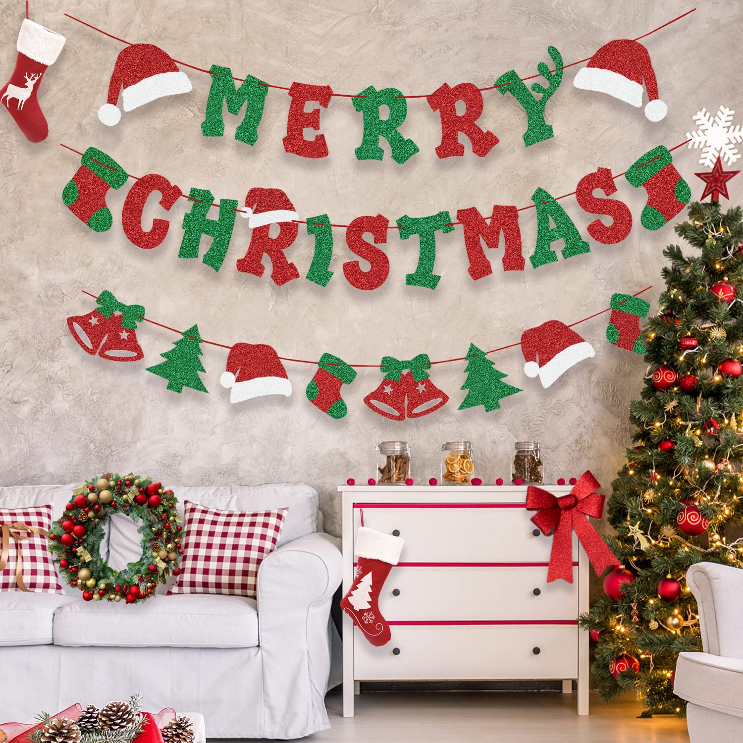 Glittery Merry Christmas Banner And Xmas Decor Ornaments For Christmas Decorations