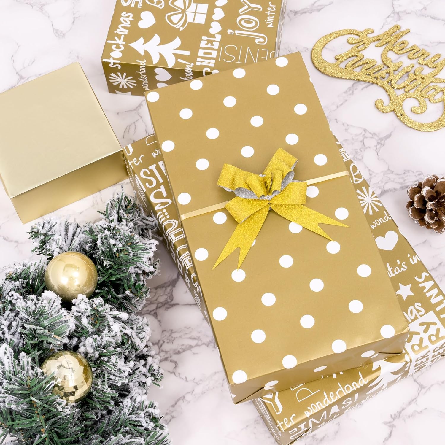Christmas Wrapping Paper, 3 Mini Rolls White Gold Gift Wrapping Paper 17In X 120In, Metallic Solid Gold Wrapping Paper With Polka Dots Merry Christmas Design For New Year Holiday Birthday