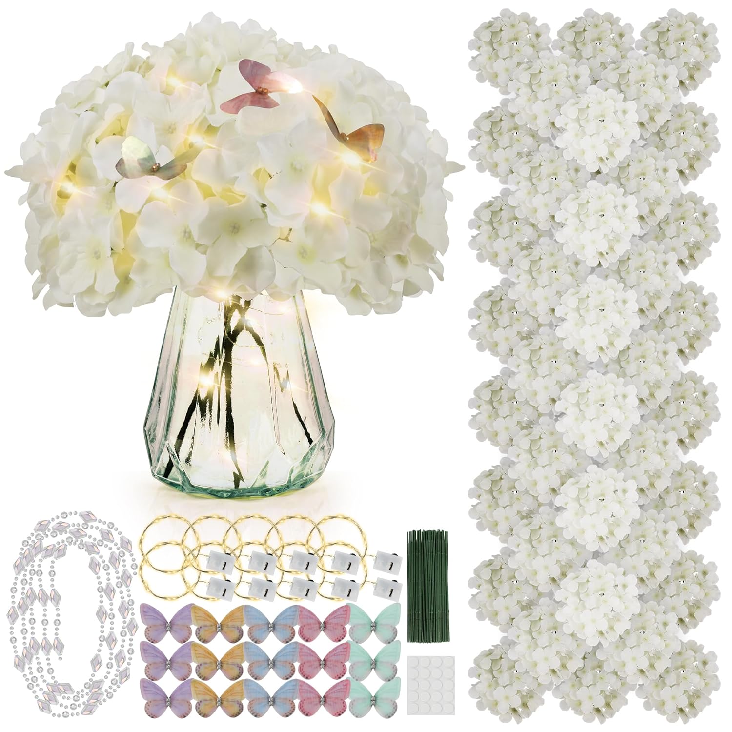 64Pcs Artificial Hydrangea Flowers With Stems, Silk Hydrangea Heads With Led Decorative Lights, Crystal Strings & Butterfly Accents For Wedding Centerpieces And Home Decor(64, Ivory)