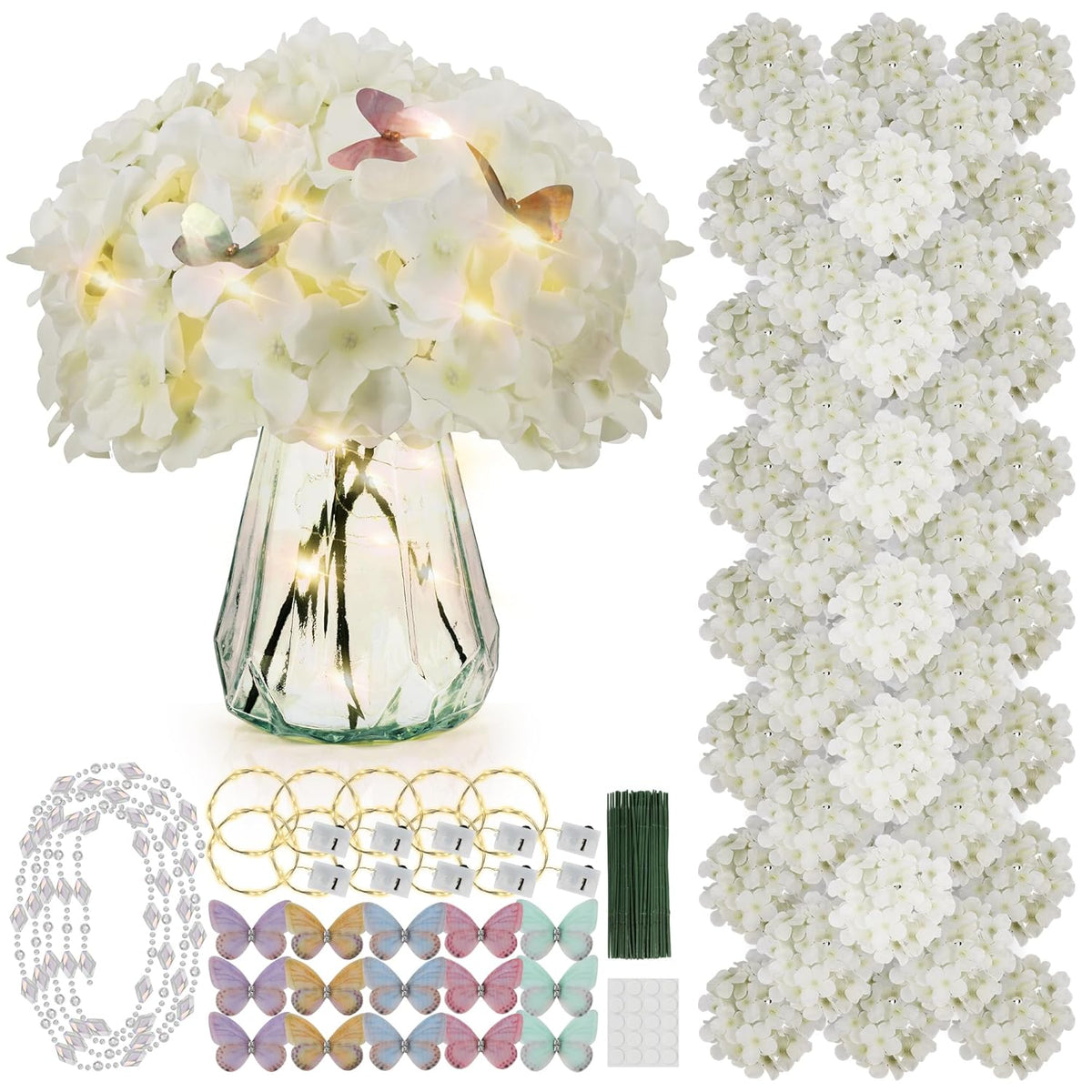 64Pcs Artificial Hydrangea Flowers With Stems, Silk Hydrangea Heads With Led Decorative Lights, Crystal Strings & Butterfly Accents For Wedding Centerpieces And Home Decor(64, Ivory)