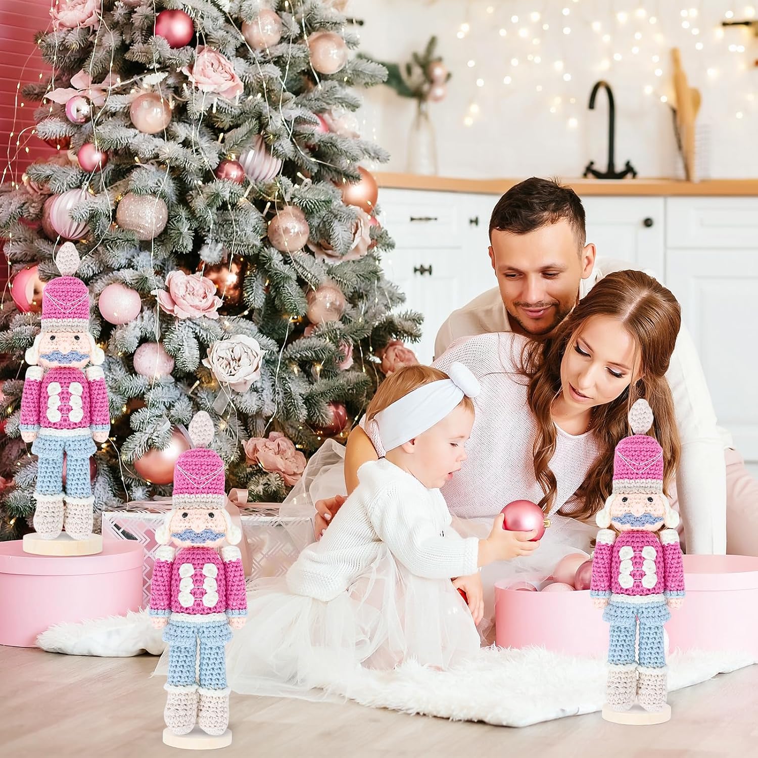 2 Pcs Crochet Christmas Nutcracker Characters With Wood Base Christmas Tree Crochet Tabletop Ornaments Xmas Holiday Nutcracker Soldier Figure Table Centerpieces Decoration Knitting Craft Art Supplies