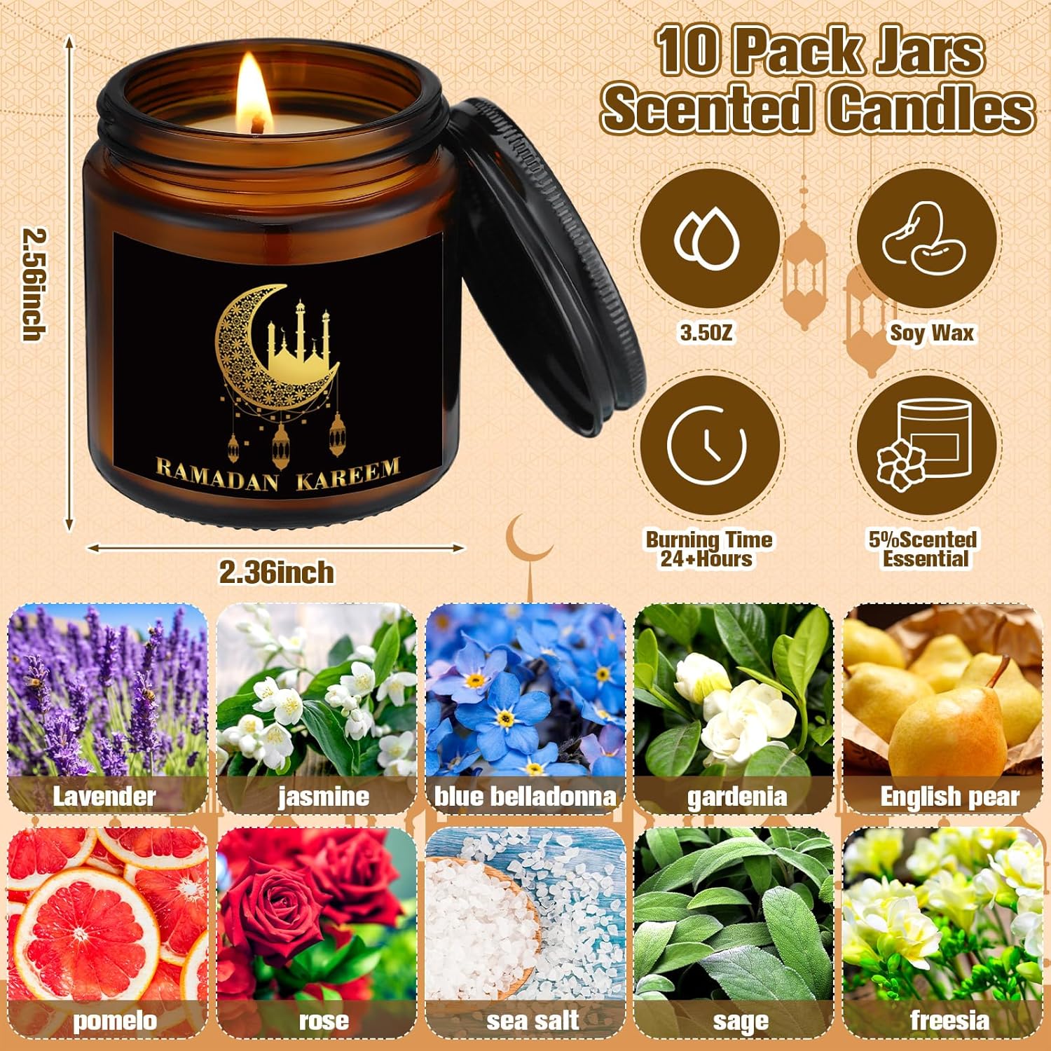 10 Pcs Eid Mubarak Scented Soy Candle 3.5 Oz Ramadan Scented Candle Muslim Islamic Party Favors Gifts Glass Jar Candles For Eid Holiday Celebration Decorations (Dark Brown,Pattern)