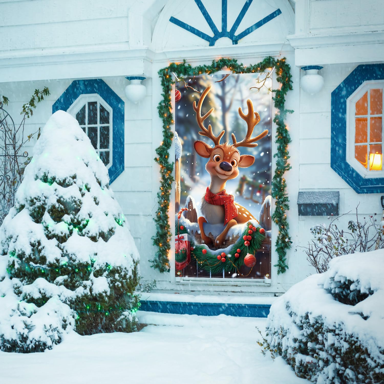 Christmas Door Cover Reindeer Decorations, 6Ft X 3Ft Cute Front Door Xmas Decorations Festive Fabric Door Covers Photo Booth Props