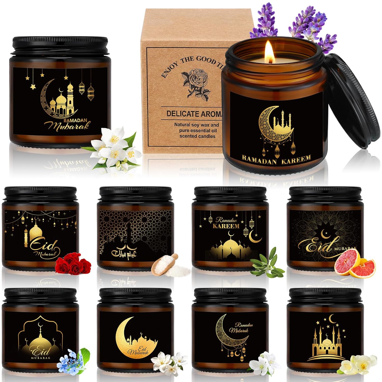 10 Pcs Eid Mubarak Scented Soy Candle 3.5 Oz Ramadan Scented Candle Muslim Islamic Party Favors Gifts Glass Jar Candles For Eid Holiday Celebration Decorations (Dark Brown,Pattern)