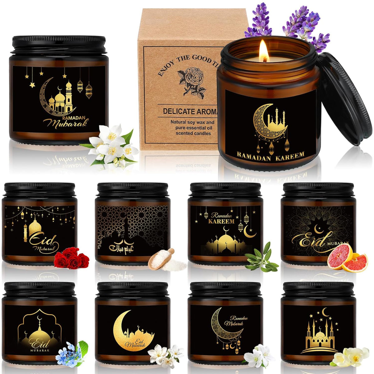 10 Pcs Eid Mubarak Scented Soy Candle 3.5 Oz Ramadan Scented Candle Muslim Islamic Party Favors Gifts Glass Jar Candles For Eid Holiday Celebration Decorations (Dark Brown,Pattern)