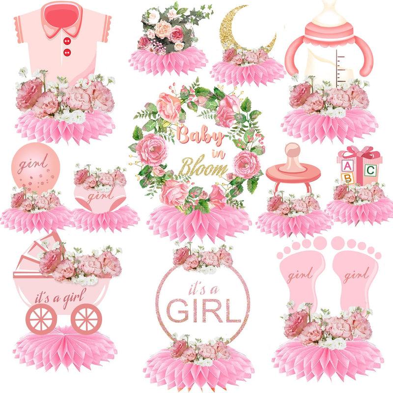 12 Pcs Baby Shower Honeycomb Centerpieces For Girl, Floral Party Table