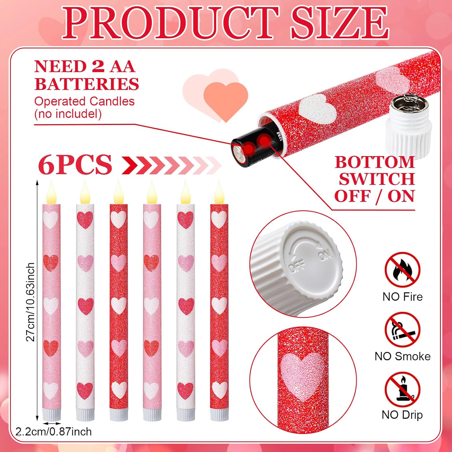6 Pcs Heart Glitter Flameless Taper Candles 10.6 Inch Valentines Day Candles Battery Operated Led Candlesticks For Valenties Wedding Bridal Birthday Baby Shower Party Dinner Table Home Decor
