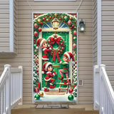 Christmas Door Cover Elf Banner 71 X 35 Inch Holiday Green Door Backdrop With Santa’S Helpers Hanging Wreath Candy Ornaments And Snow For Christmas Party Wall Decor Front Door