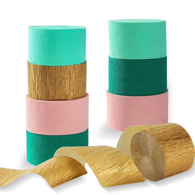 Sage-Green Pink-Gold Crepe Paper Streamers - 8 Rolls Green Party Decor