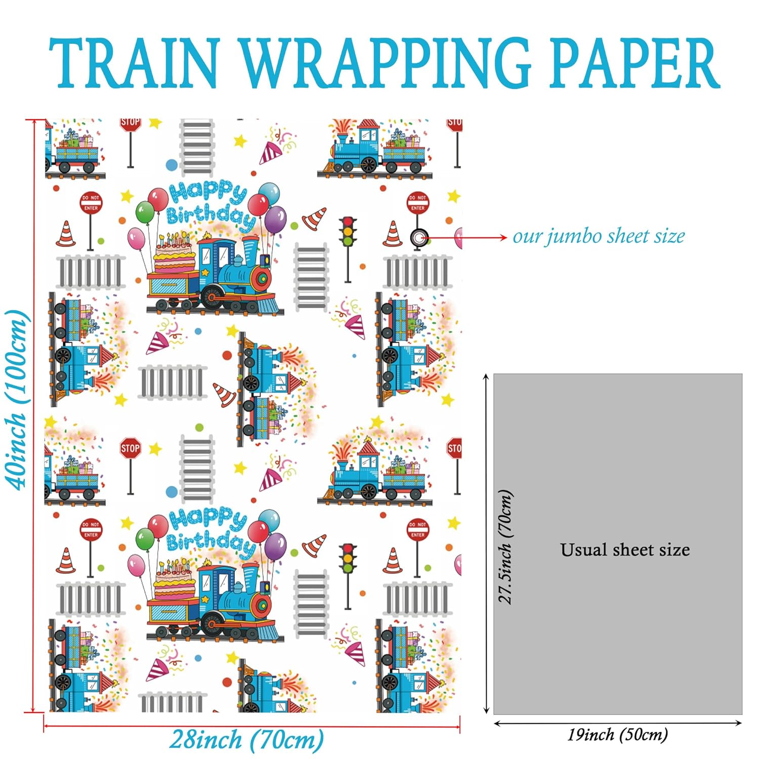 Birthday Train Wrapping Paper For Boys Kid - White Gift Wrap With Train Happy Birthday Balloons, Cake And Gifts Train Tracks For Baby Shower - 28X40 Inches, 4 Folded Sheets