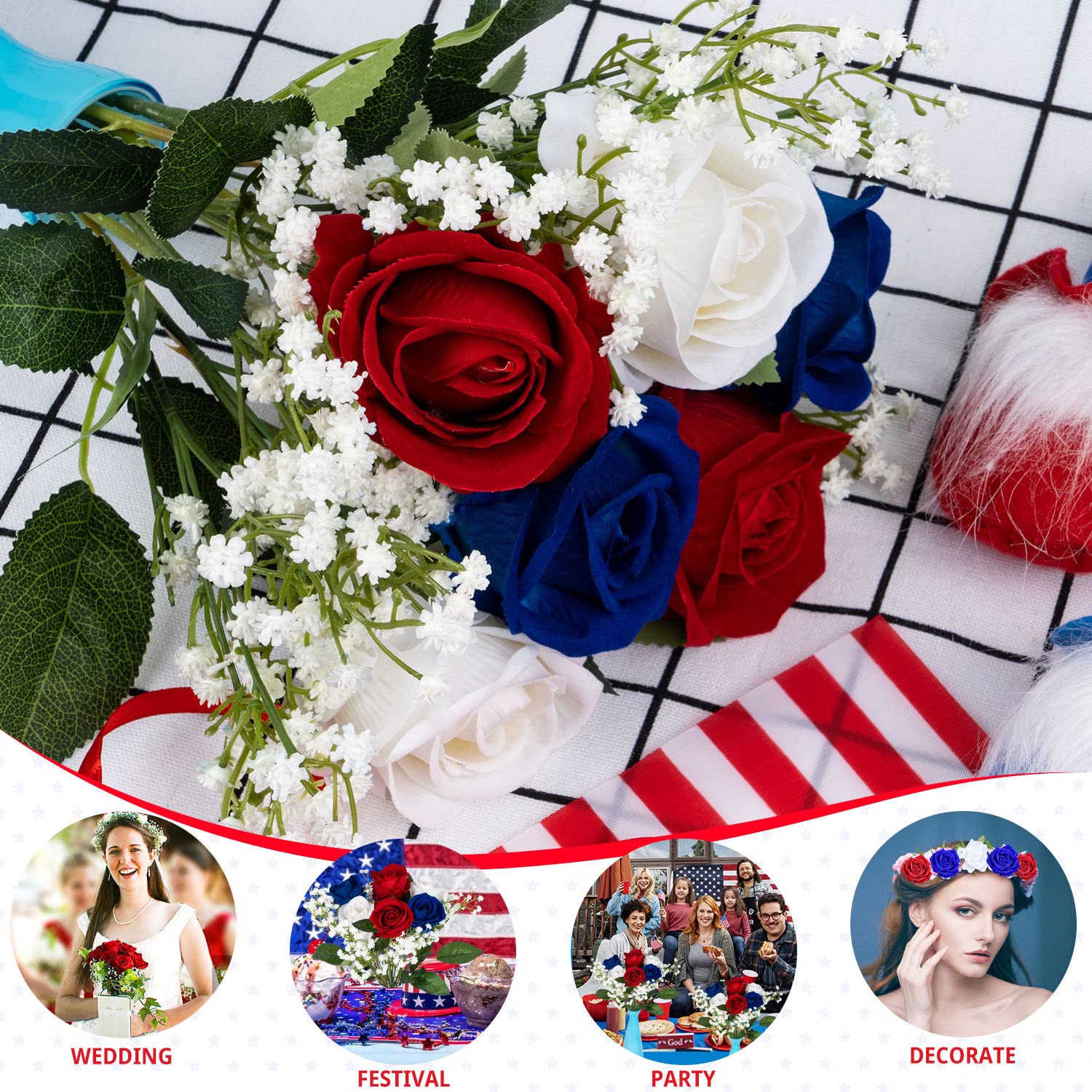 28 Pcs Red White And Blue Flowers, Patriotic Memorial Bouquet Atificial Flowers, Thank You Veterans Roses With American Flags, Artificial Full Blooming Flower For Memorial Day, Red/Blue/White