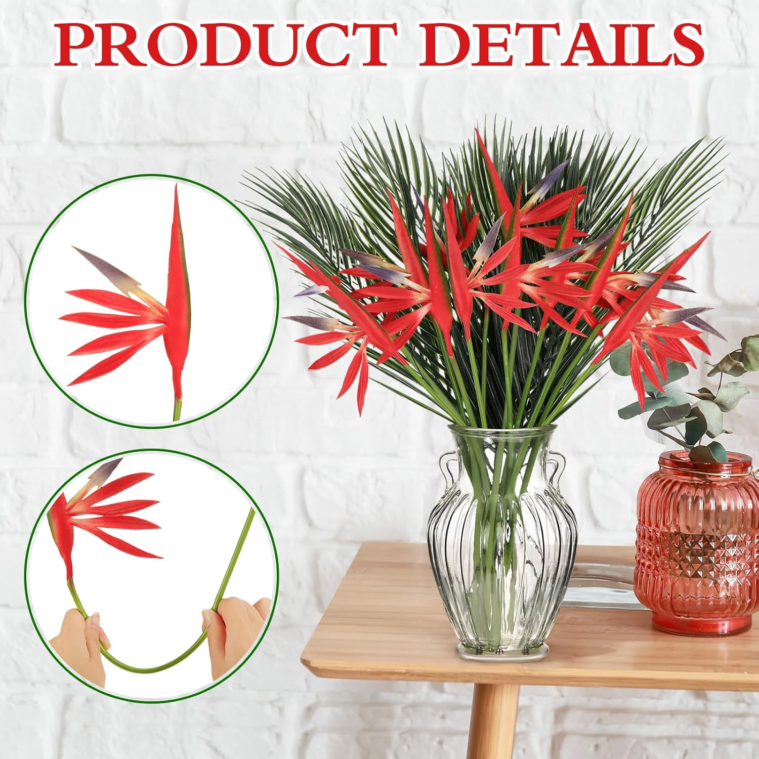 28 Pcs Bird Of Paradise Stems Artificial Plant 22 Inch Faux Tropical Flowers And 19.7 Inch Fake Palm Leaves For Garden Verandah Wedding Floral Arrangement Hawaiian Luau Decorations