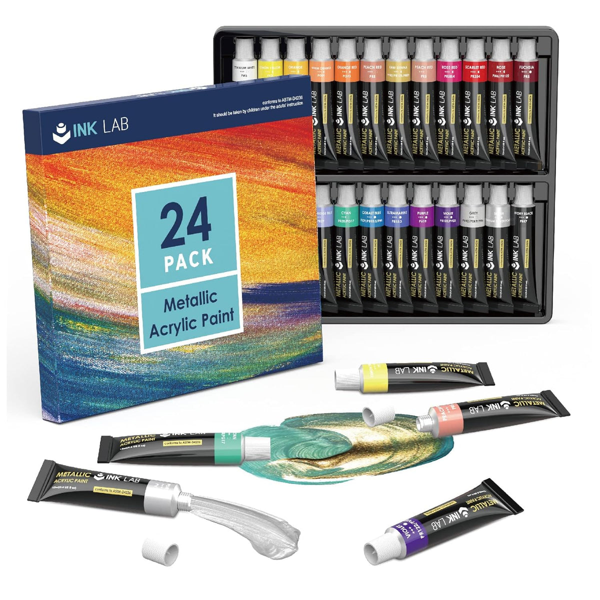 Metallic Acrylic Paint Set 24 Tubes Non Toxic Metallic Acrylic Crafts Paints For Canvas Wood Artists Beginners Painting, Rich Pigment & No Fading, 12Ml/Tube