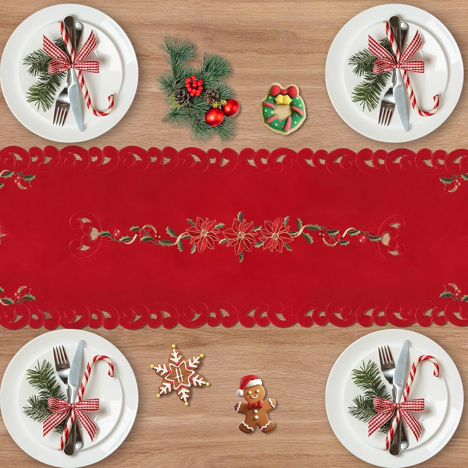 Red Christmas Table Runner - Small 54 Inches Long, Embroidered Tree & Poinsettia Cutwork Lace Linen Tablerunner For Dining Room, Kitchen, Mantel Or Coffee Table, Holiday Xmas Decor