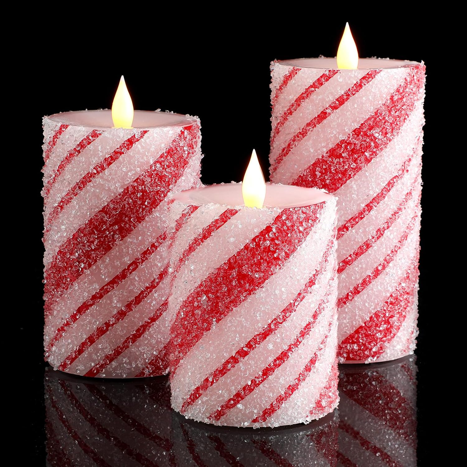 3 Pcs Christmas Flameless Pillar Candles Led Candy Cane Peppermint Stripe Red And White Glitter Battery Operated Candles For Xmas Holiday Centerpiece Home Party Decor