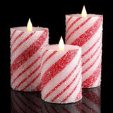 3 Pcs Christmas Flameless Pillar Candles Led Candy Cane Peppermint Stripe Red And White Glitter Battery Operated Candles For Xmas Holiday Centerpiece Home Party Decor