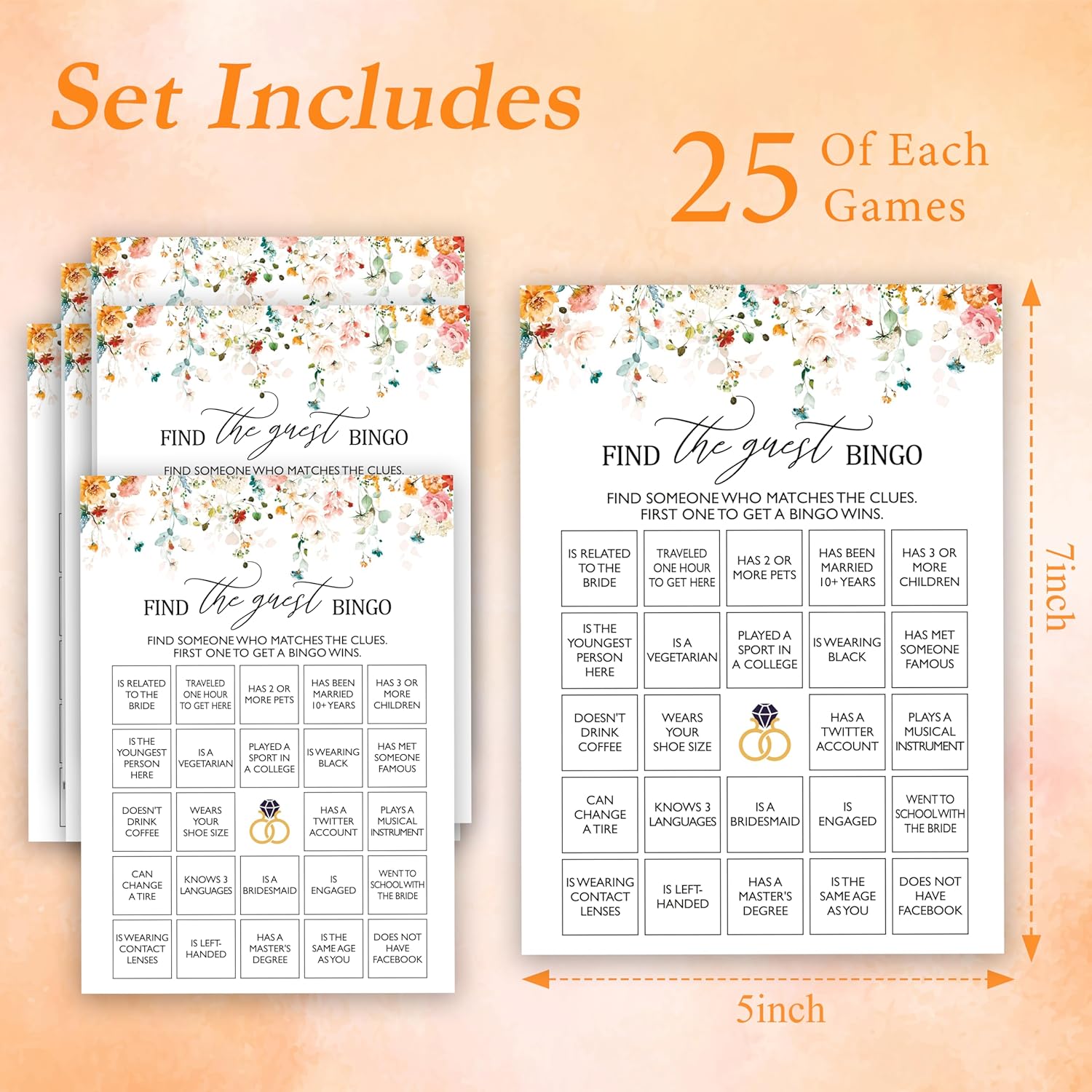 Bridal Shower Bingo Games, Find The Guest Bingo, Spring Floral Bridal Shower Party Game Cards For Wedding Engagement Bachelorette, Fall Bridal Shower Decor Favors Supplies, 25 Game Cards Included -09