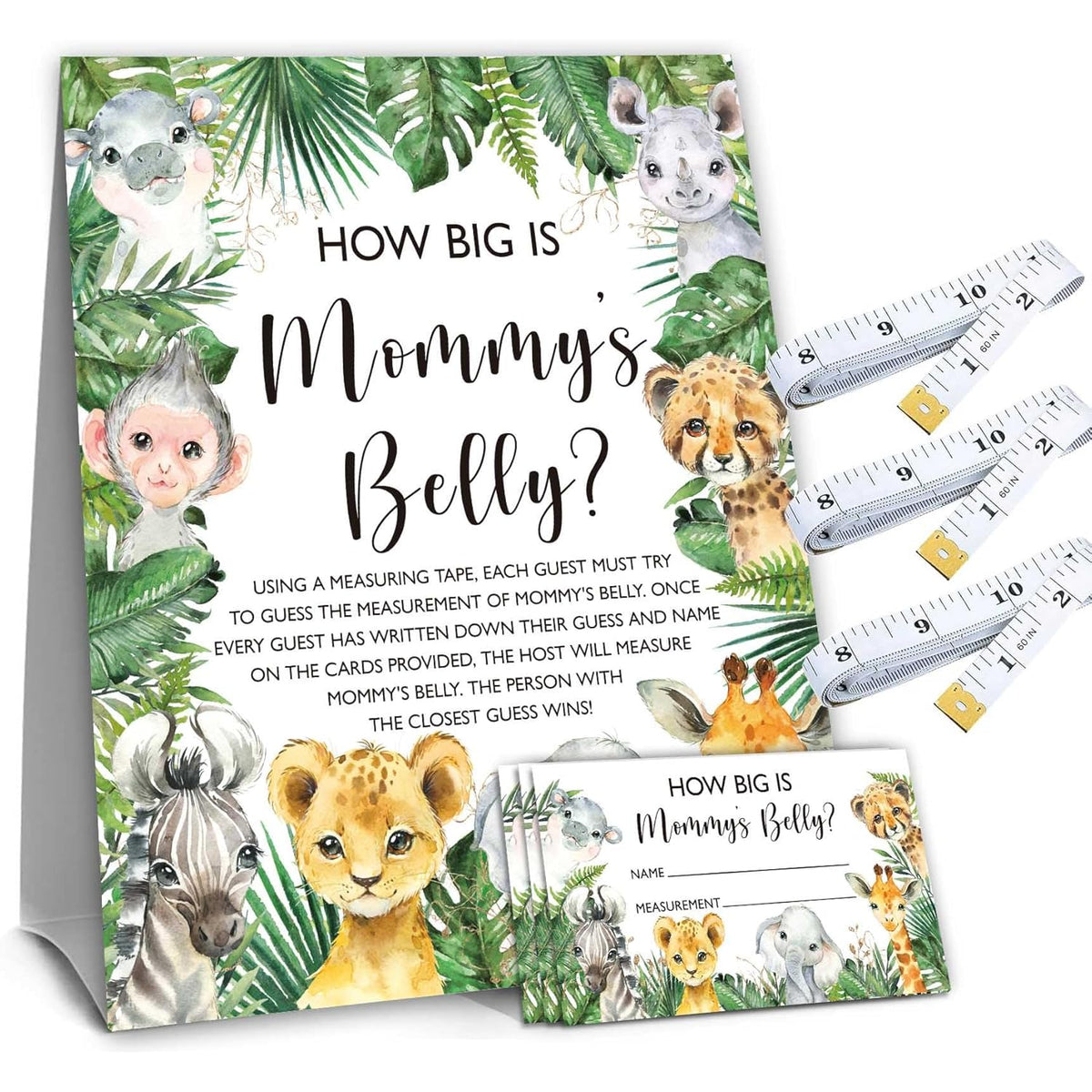 Safari How Big Is Mommy'S Belly Jungle Animals Baby Shower Gender Neutral Game Includes 5.6" X 7" Standing Sign And 50 Guessing Cards, 3 Rolls 60" Measuring Tapes