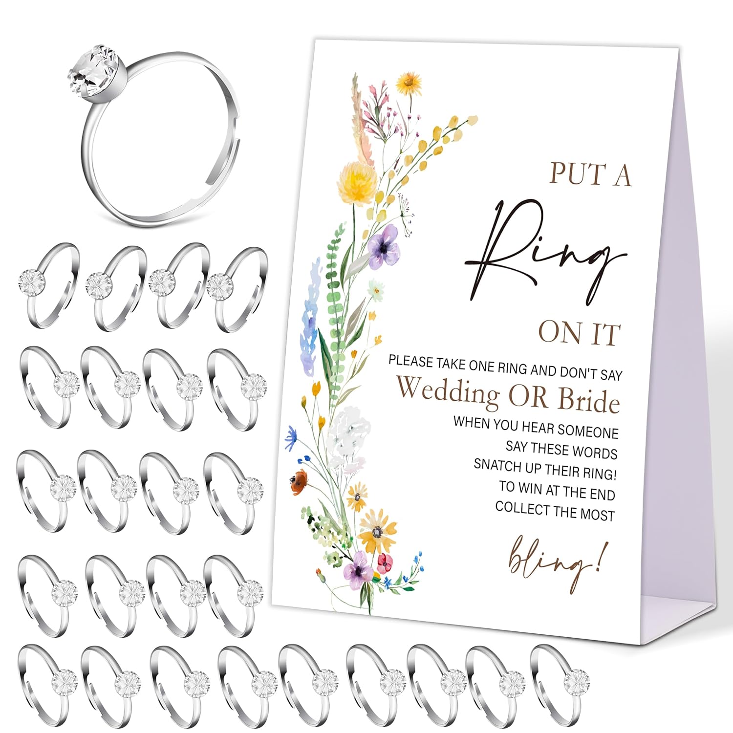 Boho Wildflower Don'T Say Bride Or Wedding Game, Put A Ring On It Bridal Shower Game With 50 Fake Rings, Bridal Shower Decorations, Wedding Shower Or Bachelorette Party Supplies - 14