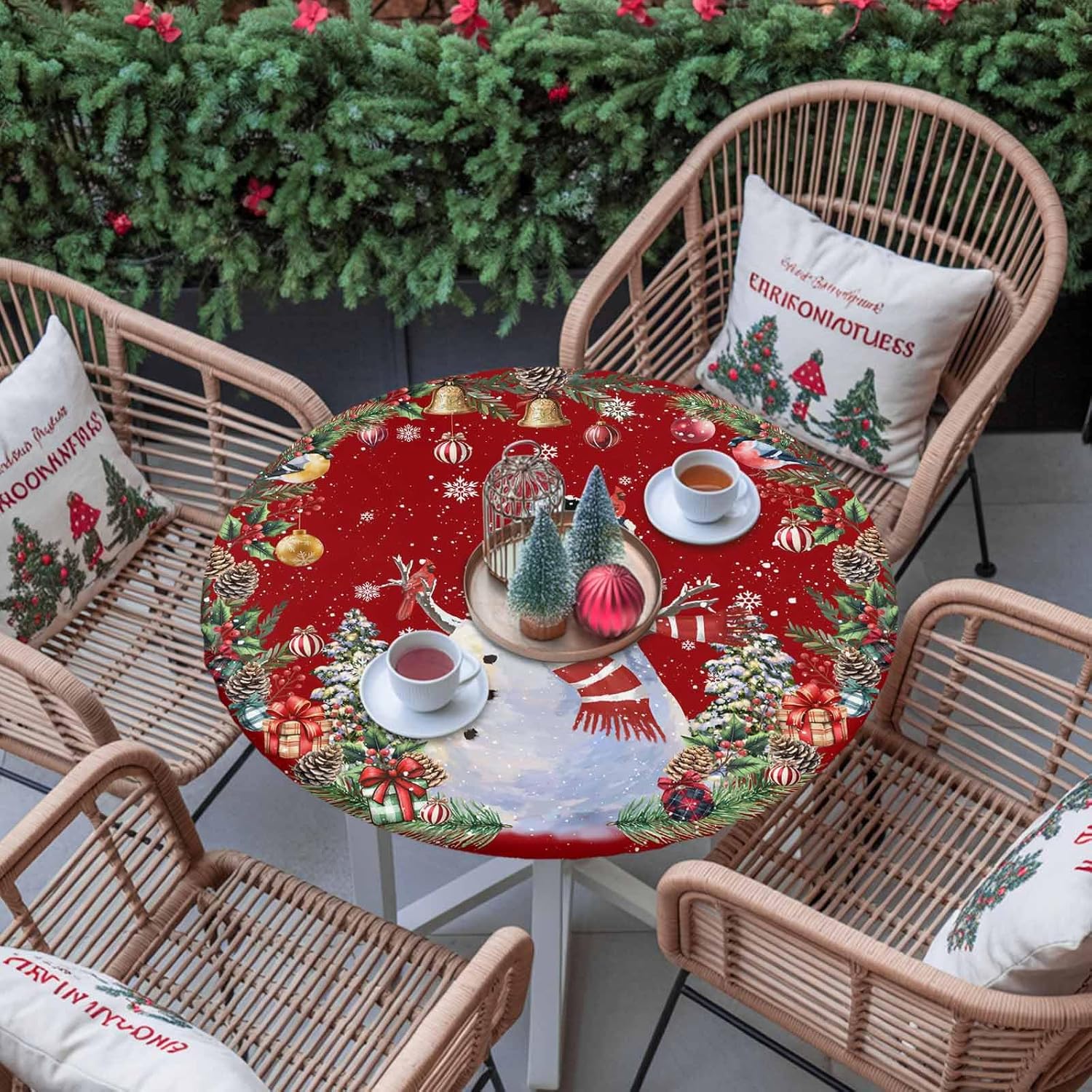 Christmas Snowman Round Table Cloth Fitted Tablecloth,Xmas Tree Wreath Red Table Cover With Elastic Edge Waterproof Table Cloth,Pine Cone Light Ball Circle Table Covers For Kitchen Indoor 36-44In