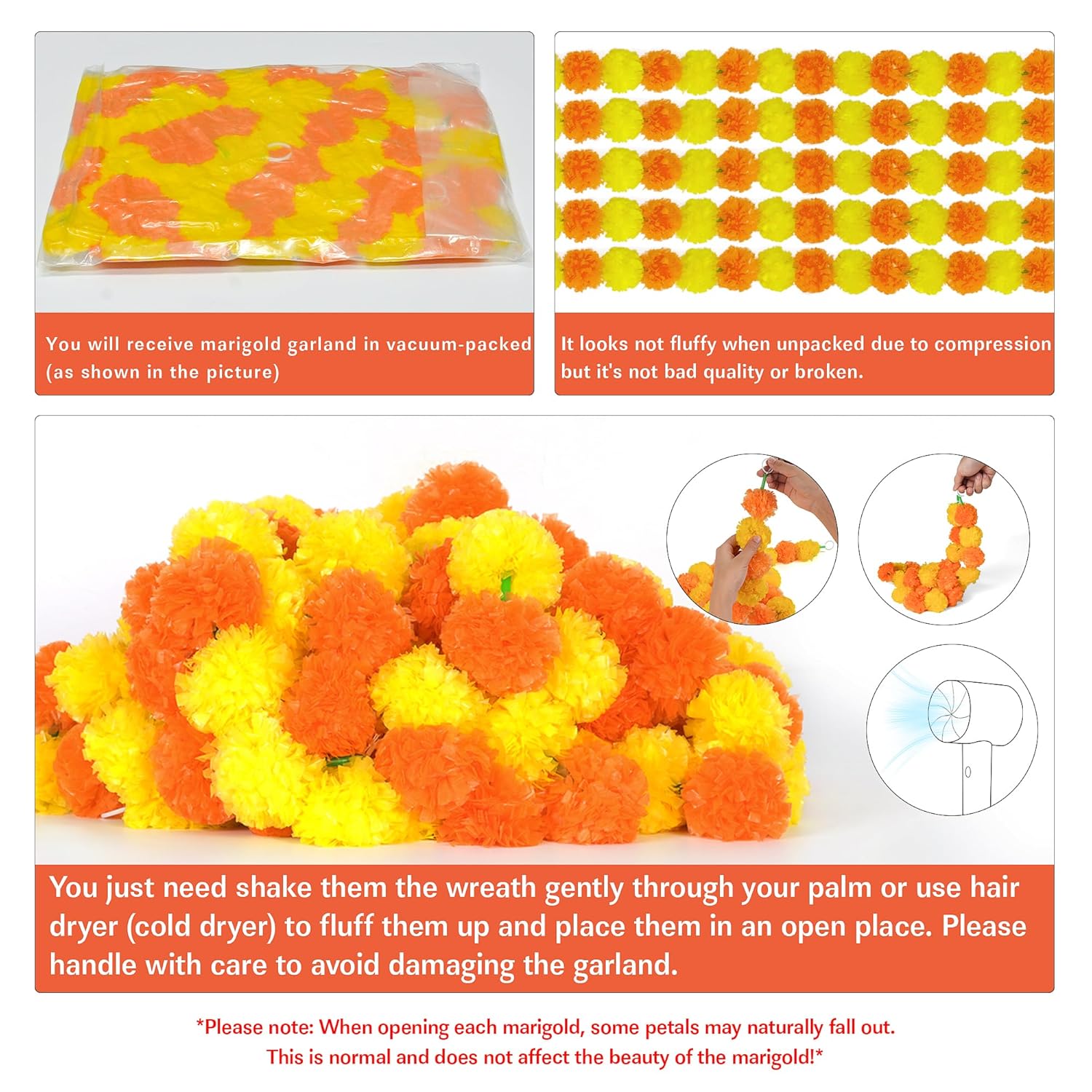 5Pcs Marigold Garland For Decoration,5 Feet Artificial Marigold Flowers Diwali Decorations For Home,Orange And Yellow Artificial Marigold Heads For Diwali Party,Indian Weddings,Halloween,Wreath