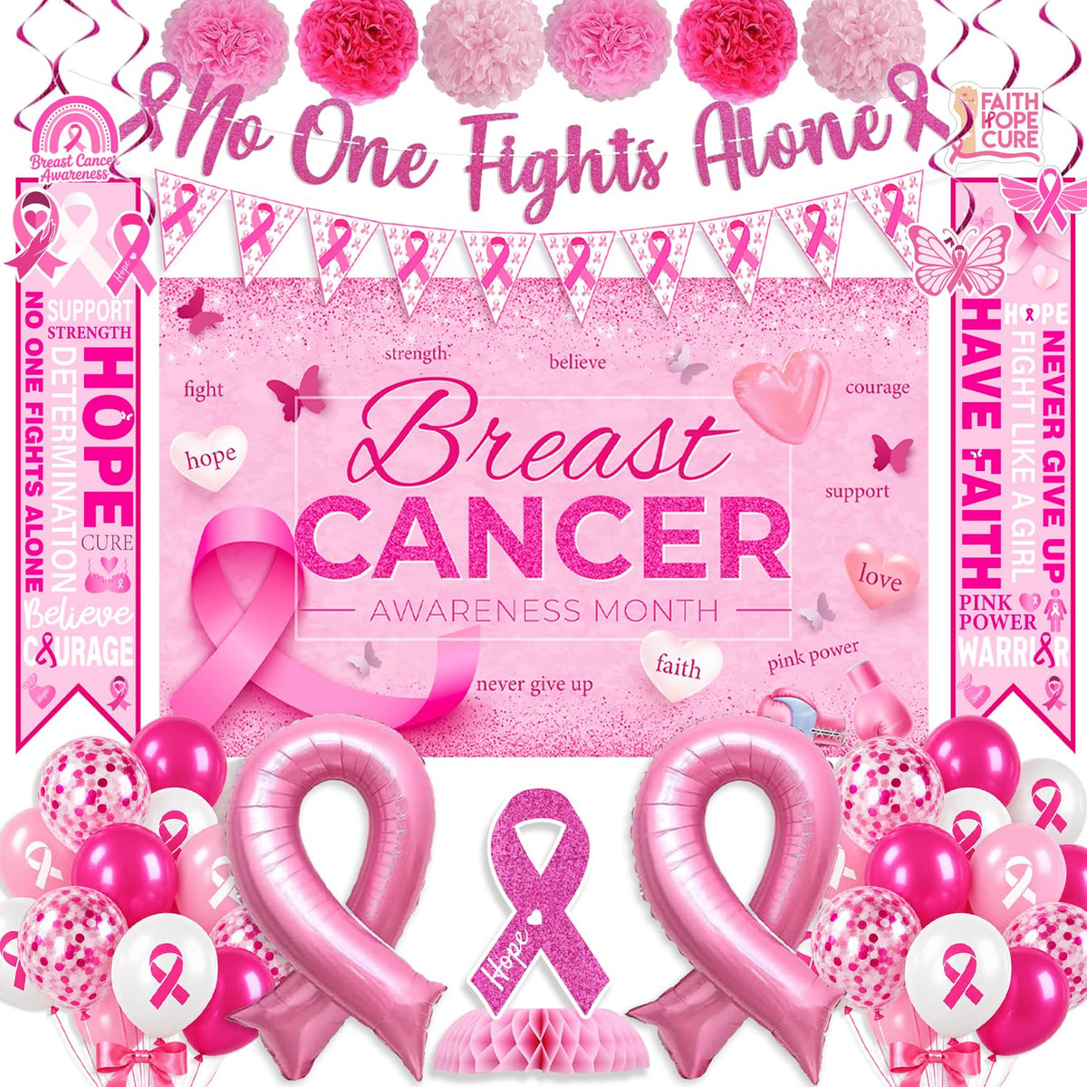 Breast Cancer Awareness Decorations,46PCS Breast Cancer Awareness Set with No one Fights Alone Banner,Breast Cancer Banner,Hanging Swirls,Pink Ribbon Balloons for October Pink Ribbon Party Supplies