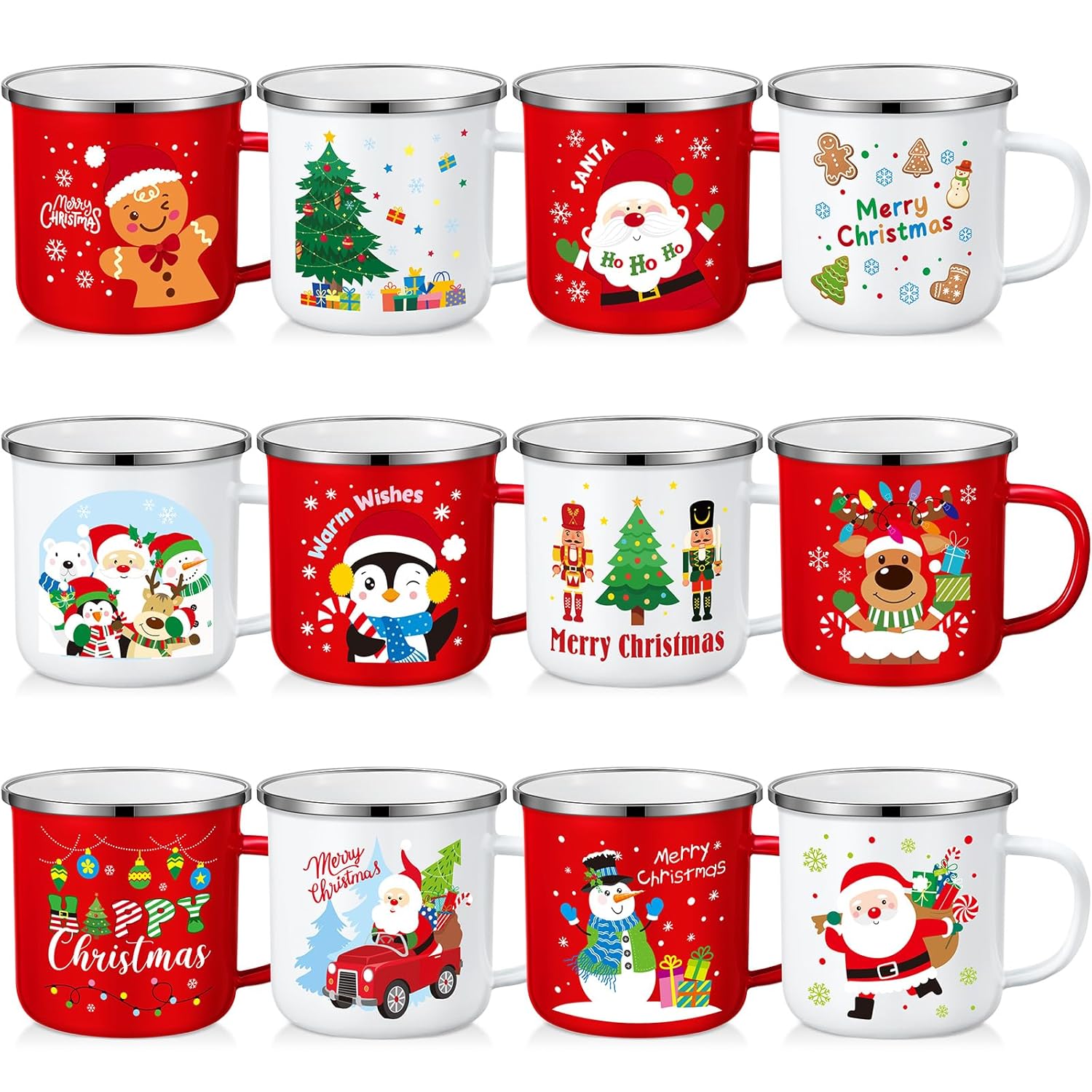 12 Pcs 11 Oz Christmas Coffee Mug Small Enamel Merry Christmas Cups Seasonal Santa Snowman Mug Holiday Coffee Tea Cups Coworkers Gifts Stocking Stuffer