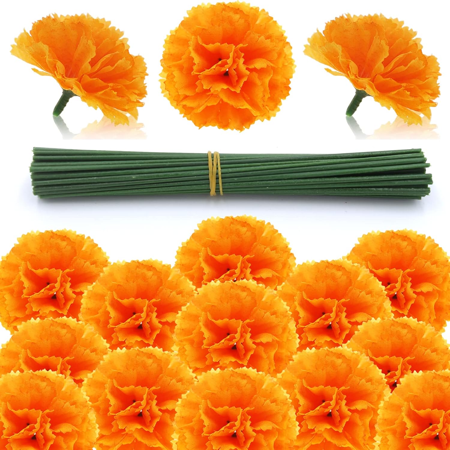 50Pcs Artificial Marigold Flower Heads, Silk Marigold Heads Bulk Fake Flowers For Dia De Los Muertos Decor Diy Marigold Garland Day Of The Dead Decorations