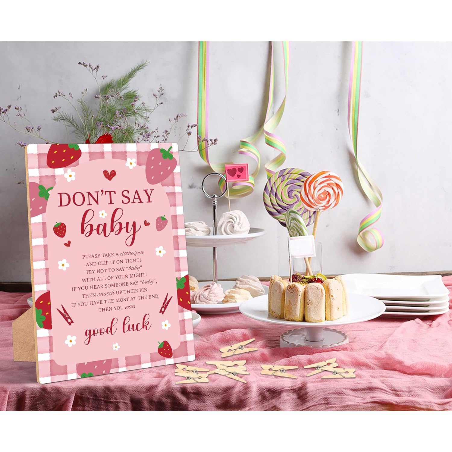 Strawberry Don'T Say Baby Clothespin Game, Pack Of 1 Wooden Tabletop Sign With Stand And 50 Mini Natural Clothespins, Berry Baby Shower Game, Gender Reveal Party Decorations - Qx16