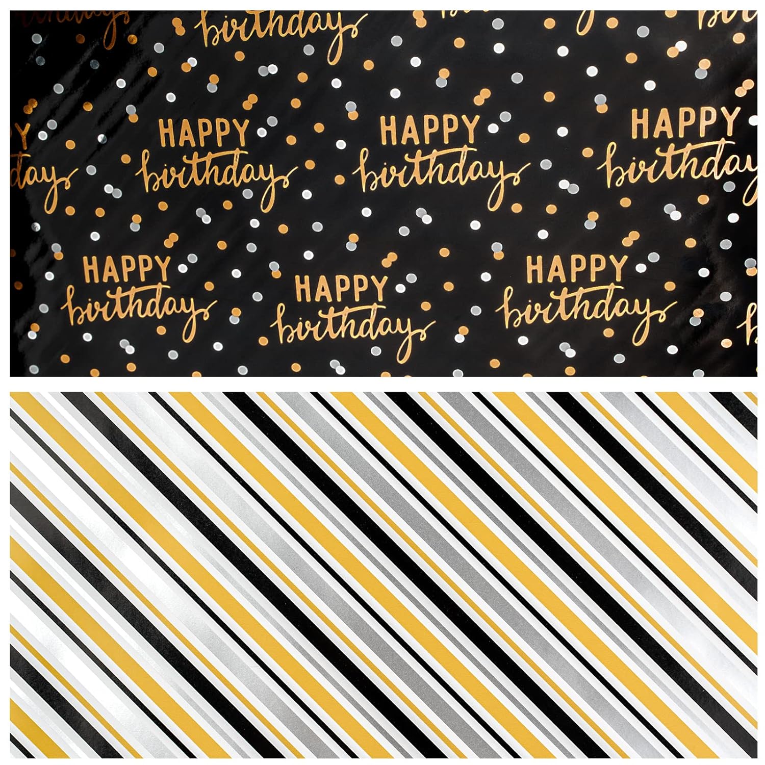 Reversible Black Birthday Wrapping Paper Roll For Boys Men, Happy Birthday Lettering & Stripe Pattern With Metallic Gold Foil In Black, Mini Roll, 17 Inches X 9.8 Feet