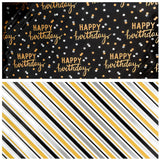 Reversible Black Birthday Wrapping Paper Roll For Boys Men, Happy Birthday Lettering & Stripe Pattern With Metallic Gold Foil In Black, Mini Roll, 17 Inches X 9.8 Feet