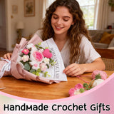 Crochet Flower Bouquet Handmade, Knitted Yarn Pink Heart Roses Bouquet For Women Girlfriend Wife Lover, Romantic Gifts For Valentine’S Day Wedding Anniversary Birthday Christmas Stuffer