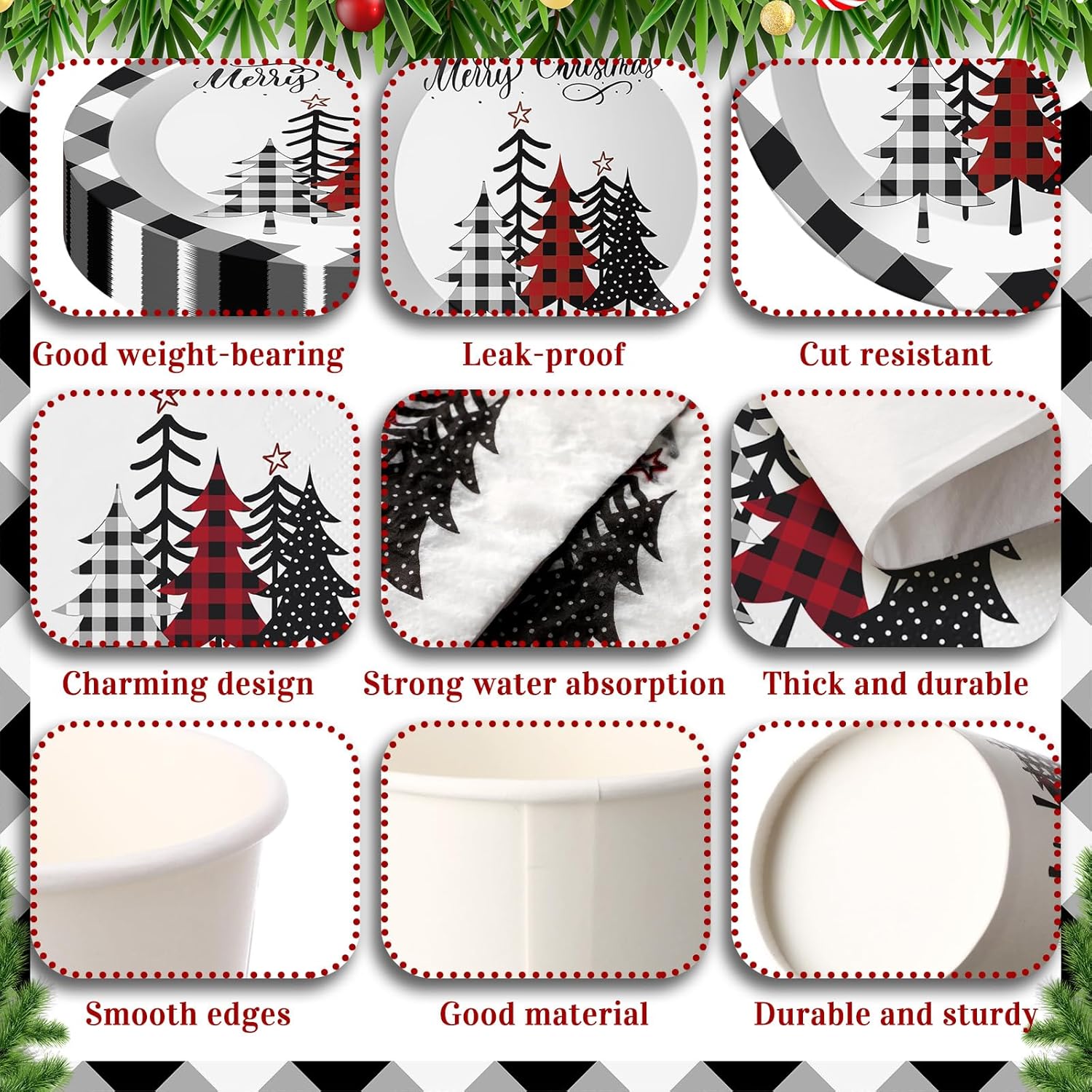 400 Pcs Christmas Dinnerware Set Disposable Christmas Plates And Napkins Set Serve 50 Winter Xmas Paper Dinner Plates Napkins Cup Xmas Party Supplies For Holiday(Black,White,Plaid)