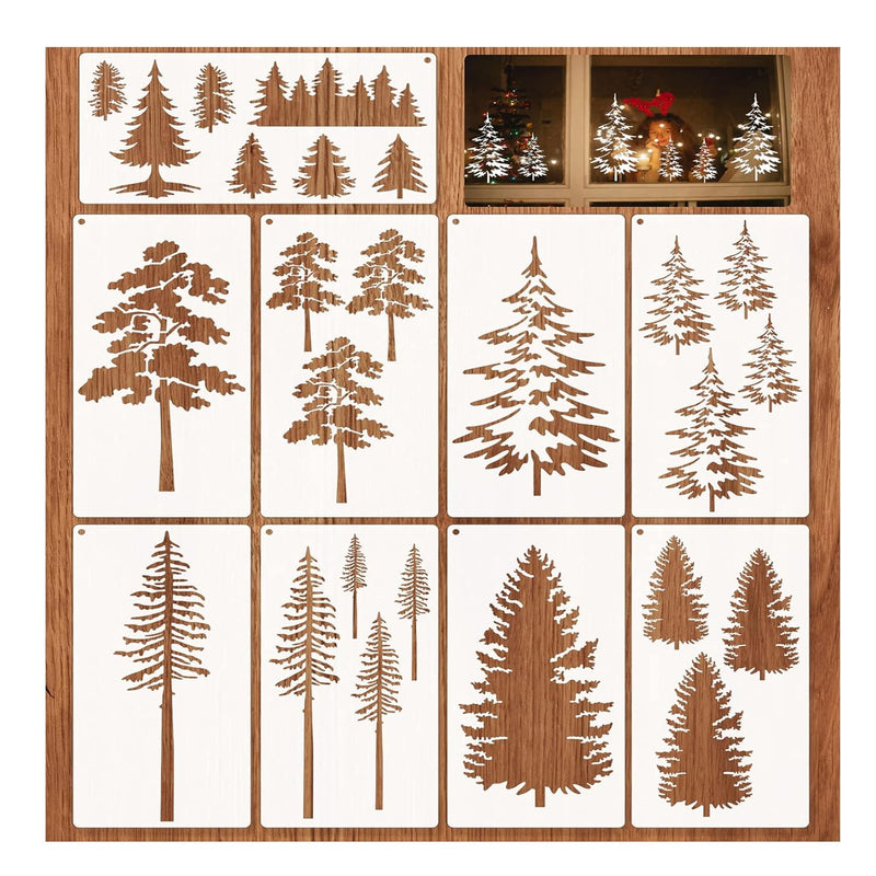 Tree Stencil, 9Pcs Reusable Tall Fir Pine Tree Stencils For Painting Wall Wood