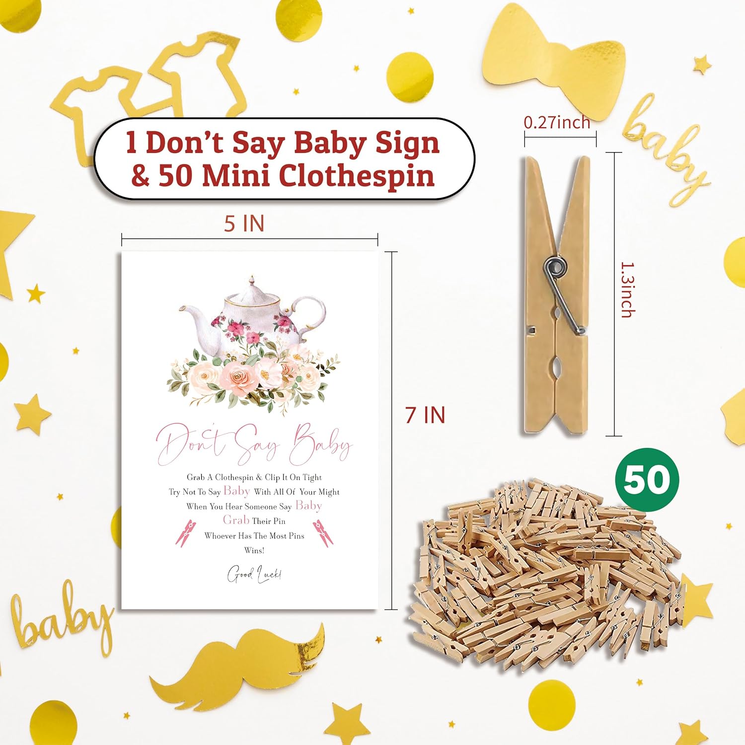 Don'T Say Baby Game For Baby Shower, 50 Wooden Clothespins And One Sign, Tea Party, Pins For Baby Shower Decorations, Gender Reveal Games, Baby Shower Supplies-Bb25