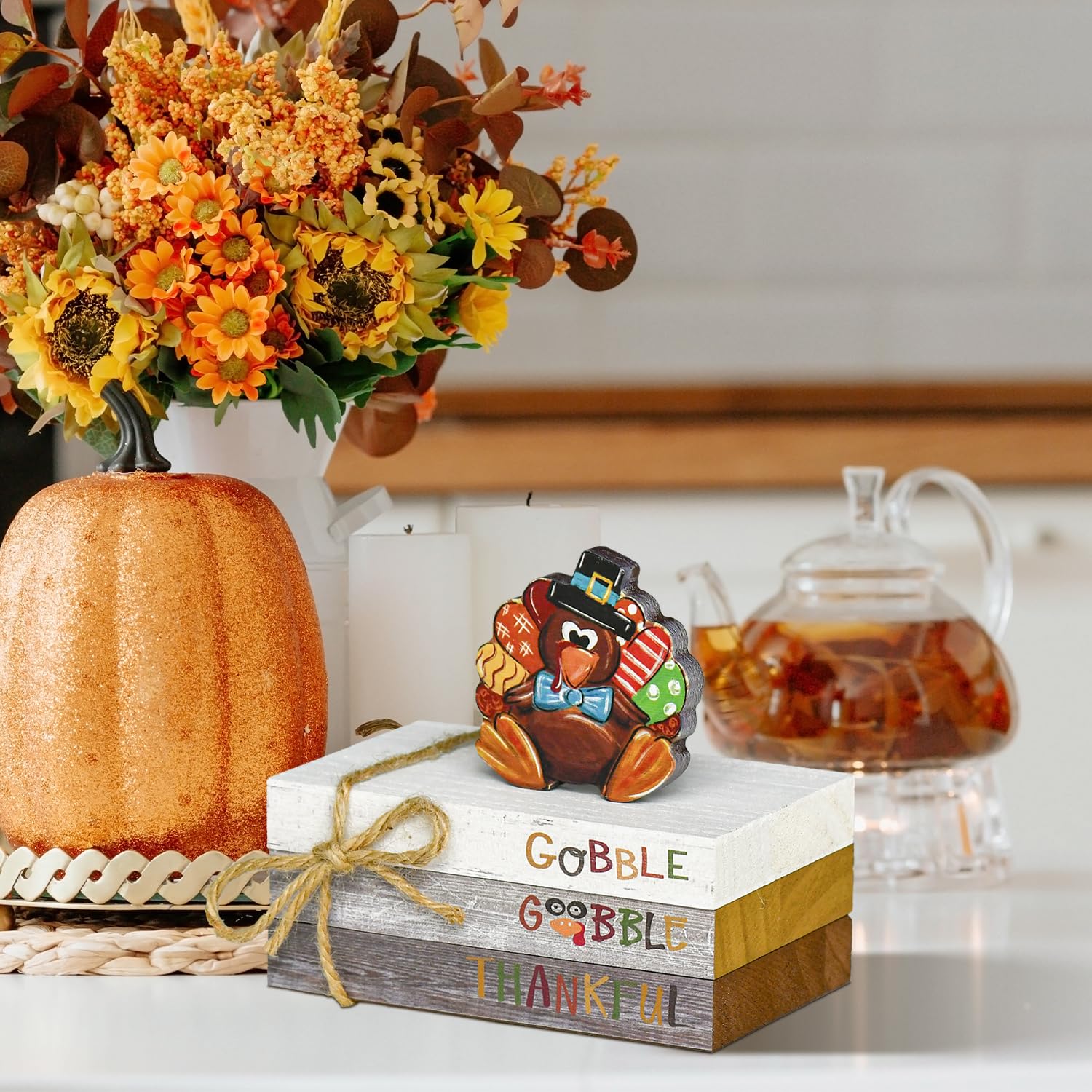 Smile Thanksgiving Wooden Decor Indoor, Turkey Decor Gobble Thankful Faux Books Bundle, Thanksgiving Table Tiered Tray Kitchen Decorations