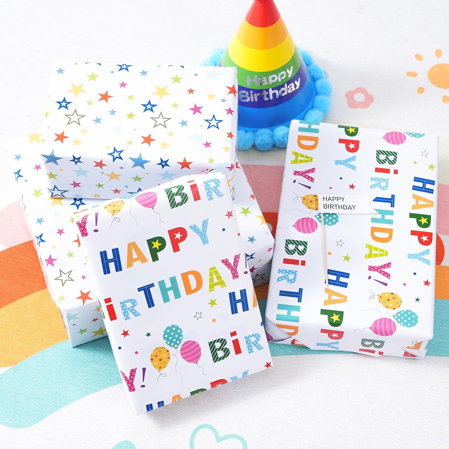 Reversible Birthday Wrapping Paper Roll For Boys Girls Kids - Mini Roll - 17 Inches X 33 Feet - Colorful Happy Birthday Lettering Balloon And Stars Design For Boy Girls Kids