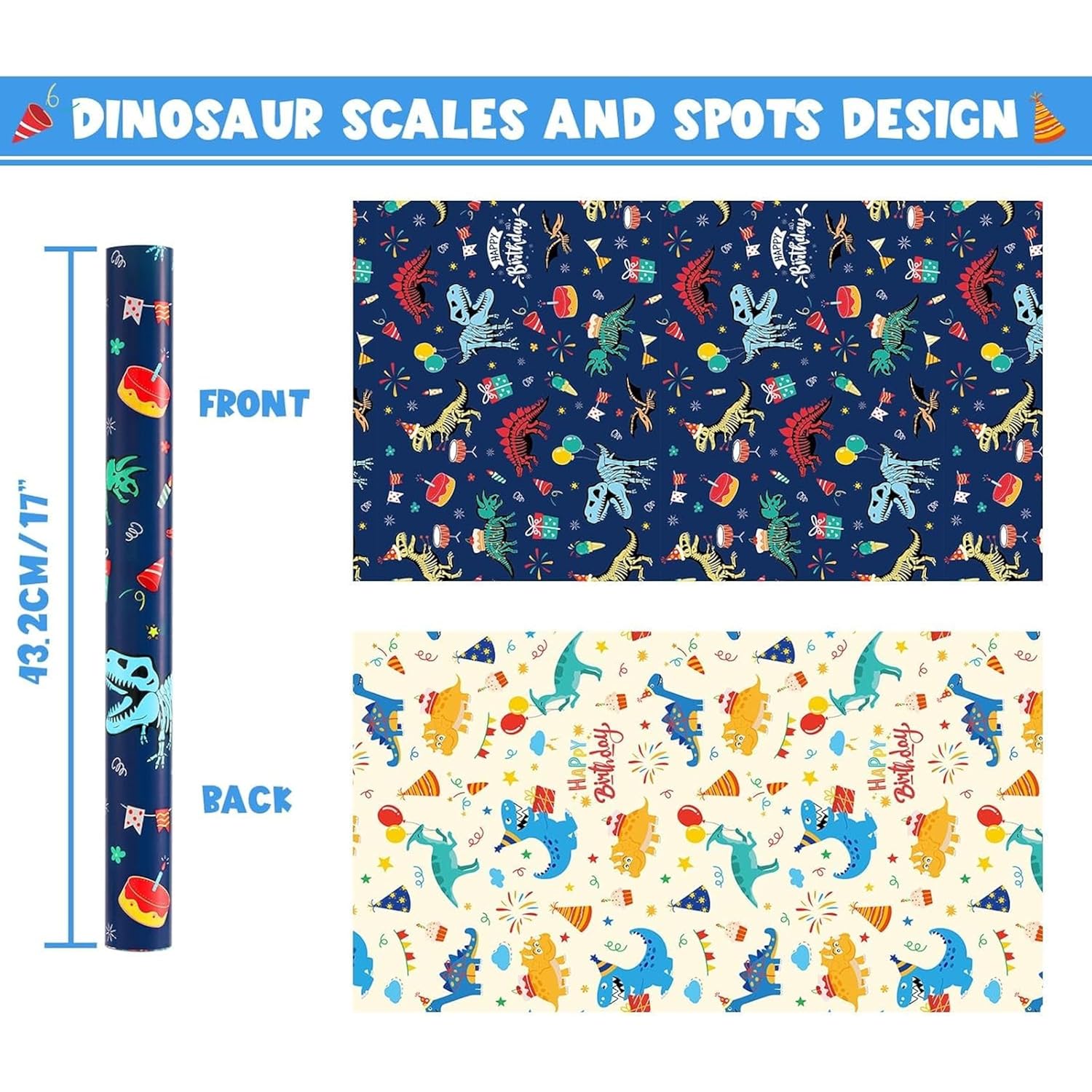 Dinosaur Reversible Wrapping Paper Roll - 1 Roll 17”X 9.84 Ft Happy Birthday Dinosaur Wrapping Paper For Boys Birthday Gift Packing Supply Baby Dino Decor Favor